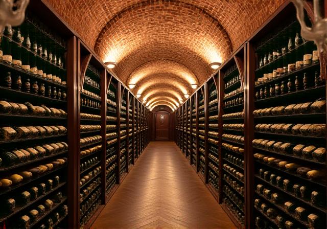 Dettaglio bottiglie di vino d'annata nella cantina storica